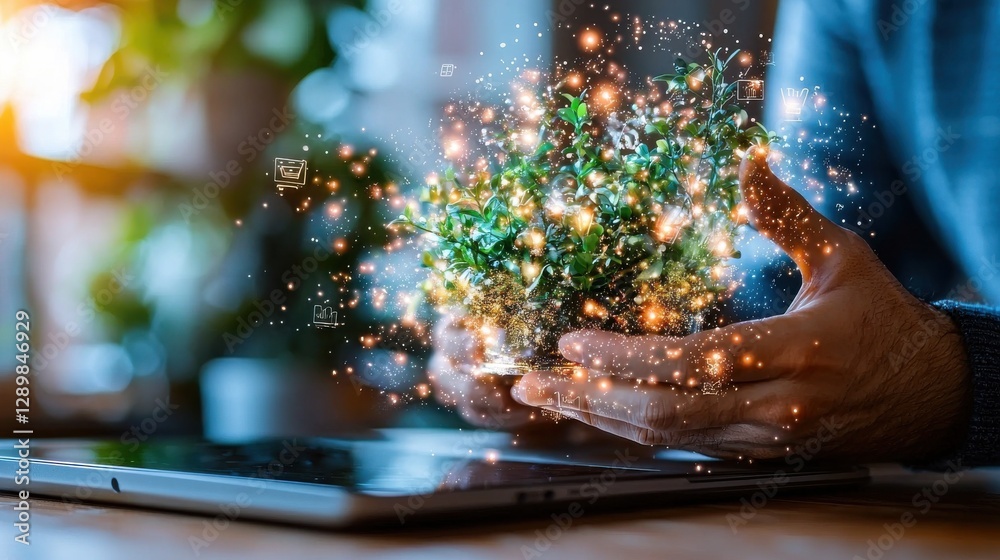 Poster digital of magical hands emitting an array of sparkling glowing and luminous energy representing the