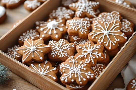 Gingerbread Cookies in Rustic Wooden Box with Icing Patterns for Christmas Celebration