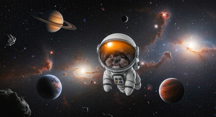 Fototapeta premium Adorable Cat Astronaut Exploring Planets and Galaxies in Space Adventure Scene