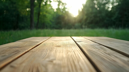 Fototapeta premium Wooden Table in Sunny Forest Setting