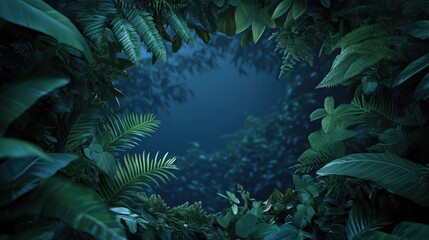 A natural frame made of lush green foliage, surrounding a dark blue, mysterious backdrop, evoking the beauty and mystery of the forest.