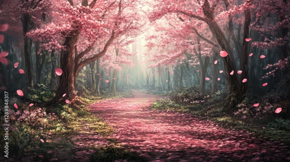 Poster a peaceful forest scene where cherry blossoms fall from the trees, covering the path with delicate p
