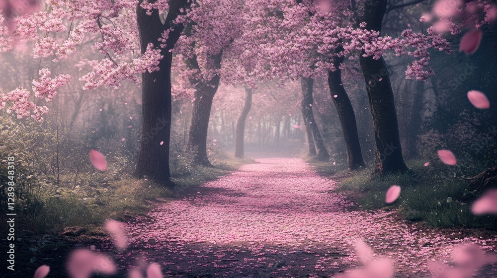 Poster a peaceful forest scene where cherry blossoms fall from the trees, covering the path with delicate p