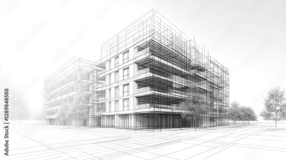 Poster a photo effect mockup of a blueprint with overlay grid lines, showcasing a detailed construction des
