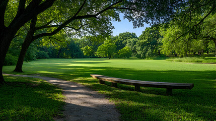 Sunlit Park Path with Wooden Bench and Lush Greenery