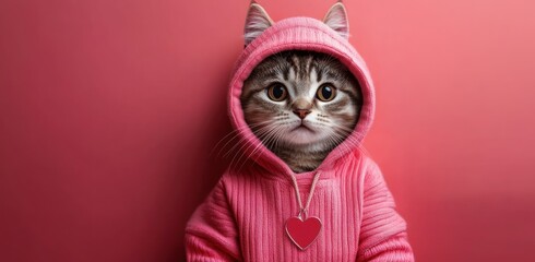 Cute cat in pink hoodie and heart pendant posing against vibrant pink background for Valentine's Day celebration