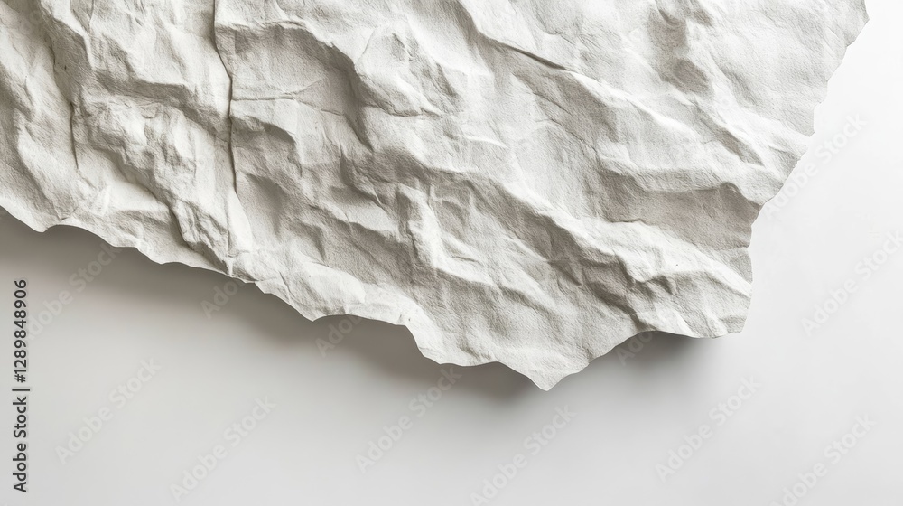 Poster a piece of wrinkled white paper with visible creases, isolated on a white backdrop, emphasizing a wa