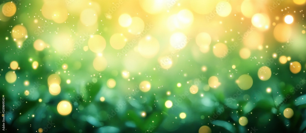 Poster dreamy abstract landscape with glowing bokeh lights in green and yellow for spring and holiday desig