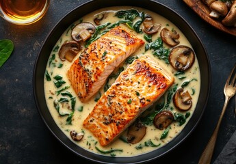 Freshly Grilled Salmon Fillets Served in Creamy Spinach and Mushroom Sauce on a Dark Plate with a Rustic Table Setting