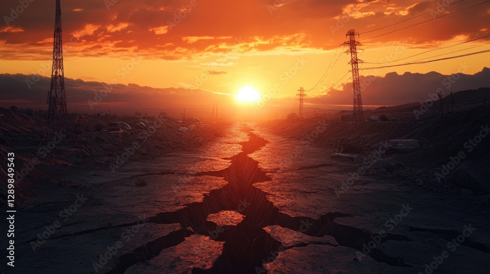 Aufkleber A powerful image of the ground splitting open due to an earthquake, with deep fissures visible as the sunset casts an eerie glow on the scene.