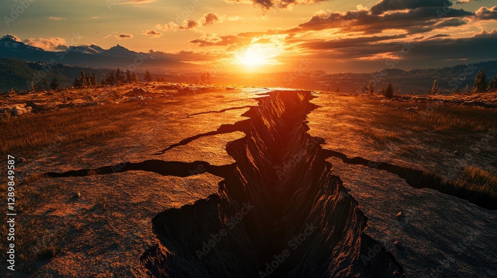 Poster A powerful image of the ground splitting open due to an earthquake, with deep fissures visible as the sunset casts an eerie glow on the scene.