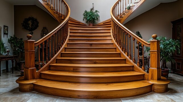 Elegant wooden spiral staircase in a grand hall - Powered by Adobe