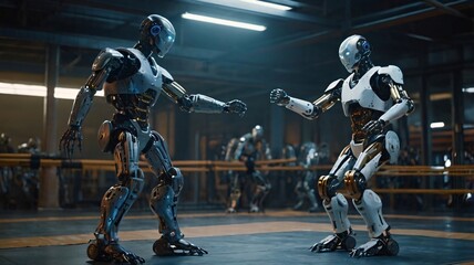 A humanoid combat robot practicing martial arts in a high-tech dojo, ultra-fluid motion, glowing cybernetic joints, futuristic energy field as a training partner, cinematic slow-motion action