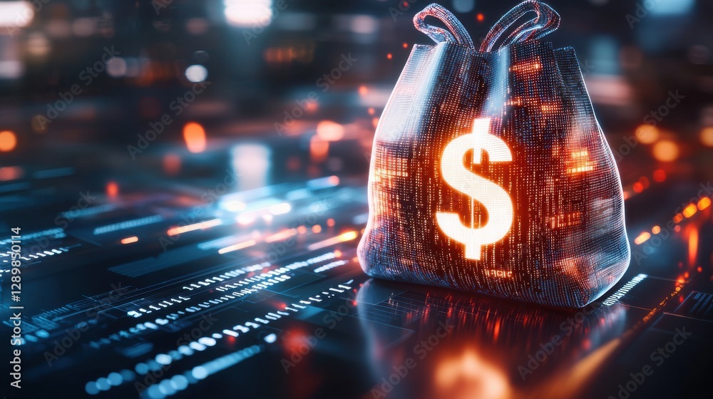 Poster dynamic dollar symbol illuminated amid scrolling financial data analytics and technological elements