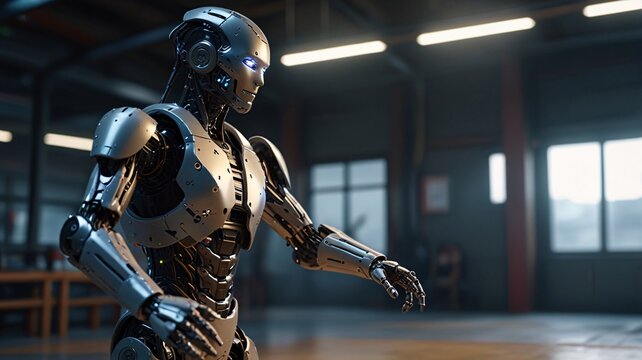 A humanoid combat robot practicing martial arts in a high-tech dojo, ultra-fluid motion, glowing cybernetic joints, futuristic energy field as a training partner, cinematic slow-motion action