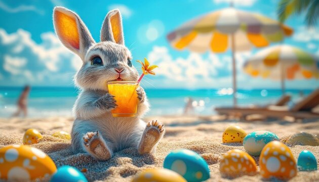 Cheerful Bunny with Sunglasses Enjoying Tropical Drink on the Beach