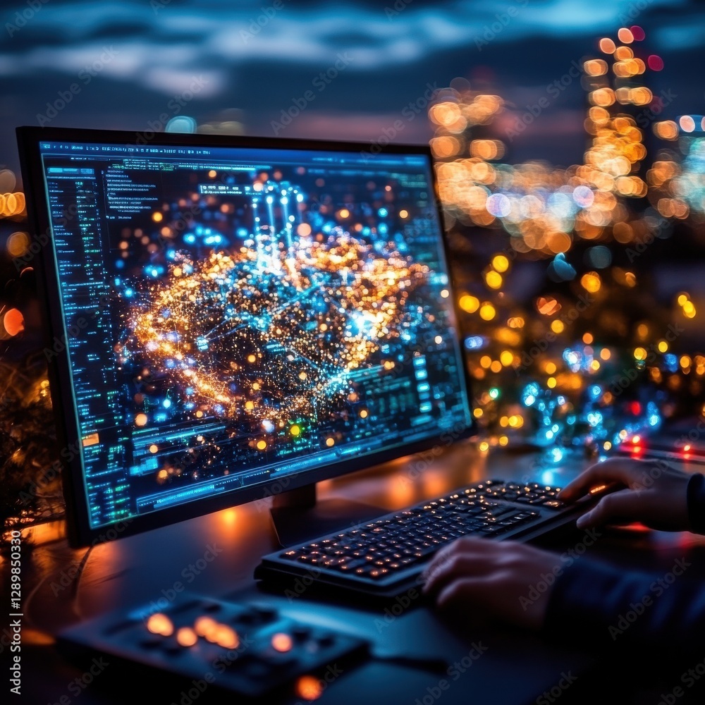 Poster futuristic data visualization on laptop computer screen with city skyline backdrop at night abstract