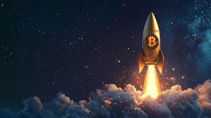 Rocket with Bitcoin symbol in blue starry sky