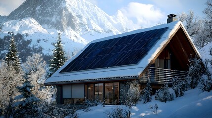 Eco House With Solar Panels in Winter Landscape