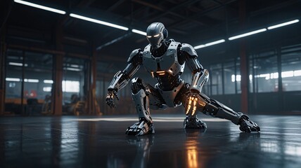 A humanoid combat robot practicing martial arts in a high-tech dojo, ultra-fluid motion, glowing cybernetic joints, futuristic energy field as a training partner, cinematic slow-motion action