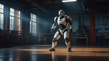 A humanoid combat robot practicing martial arts in a high-tech dojo, ultra-fluid motion, glowing cybernetic joints, futuristic energy field as a training partner, cinematic slow-motion action