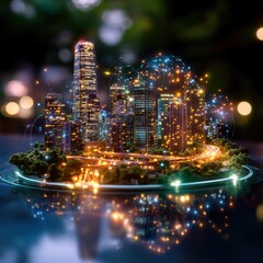 Obraz premium Captivating cityscape of glowing skyscrapers illuminated towers and luminous reflections on the water at dusk A modern vibrant and futuristic metropolitan landscape full of energy ambition