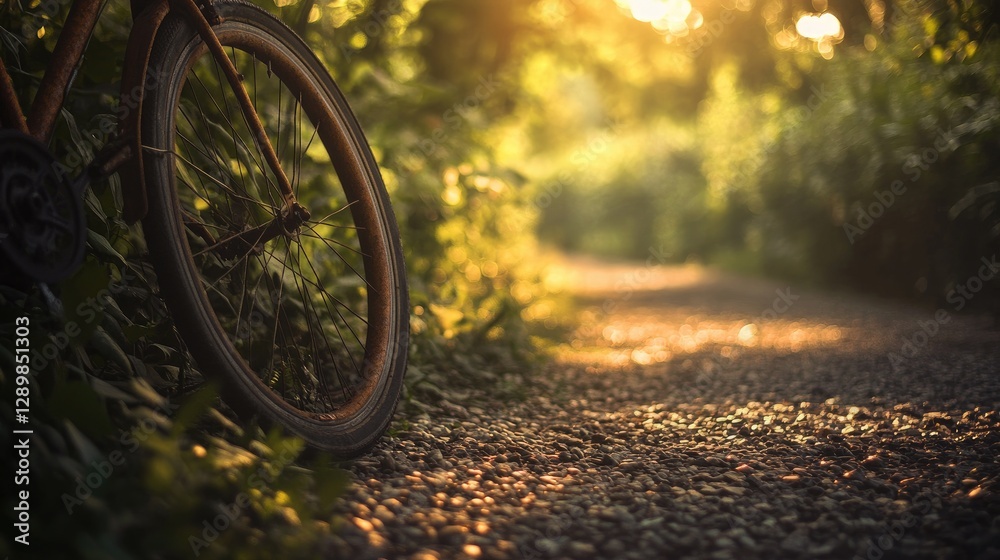 Poster a rustic close-up of a rusty bicycle wheel on a gravel path, framed by lush greenery and the soft, g