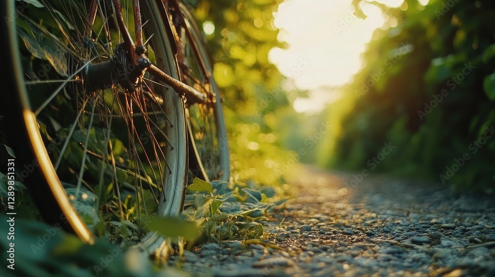 Poster a rustic close-up of a rusty bicycle wheel on a gravel path, framed by lush greenery and the soft, g