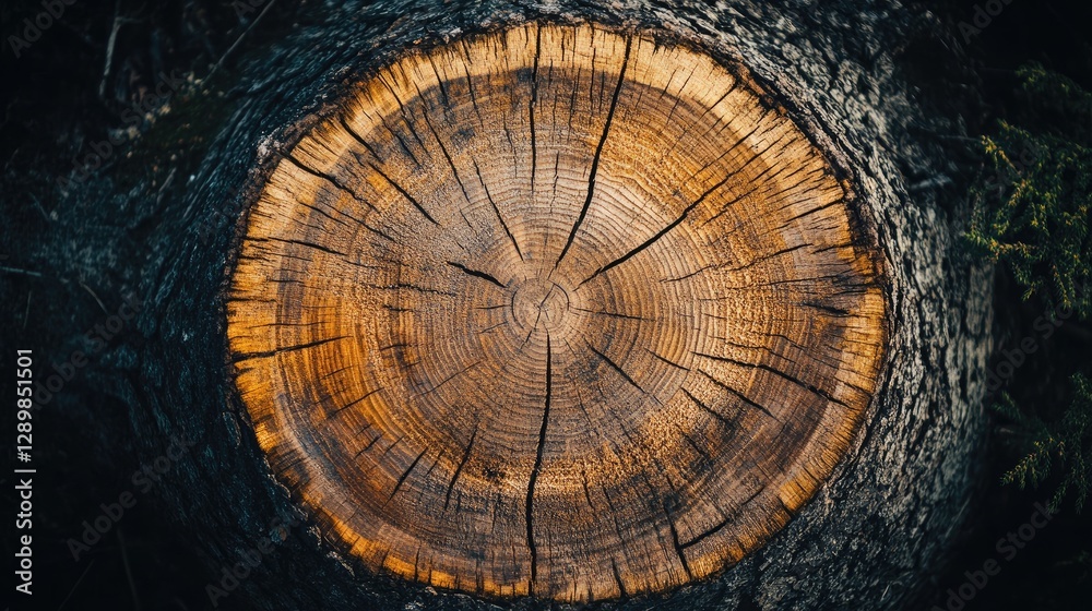 Poster A rustic wooden tree trunk with rough, textured bark, emphasizing the natural patterns and weathered surface