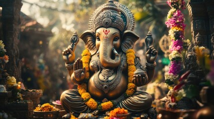 Fototapeta premium A sacred and serene image of the Ganesha statue, surrounded by offerings and decorations, symbolizing respect and devotion in Hindu worship.