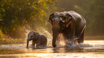 A serene and heartwarming shot of an elephant calf with its mother, splashing water in a river as the family enjoys a joyful bath together.