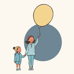 An illustration of a mother and child standing side by side holding balloons.