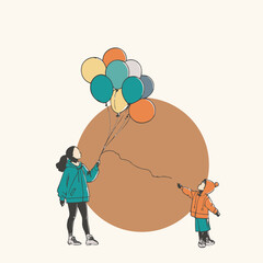 An illustration of a mother and child standing side by side holding balloons.
