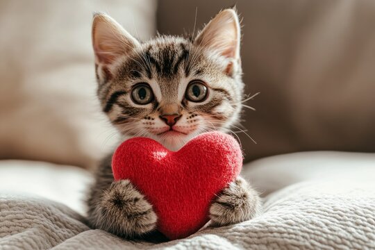 Cute pixiebob baby feline with companion toy red heart at cozy quarters. Pixiebob - my beloved cat, symbol of care. Advertising domestic animal conceptual art creative design.