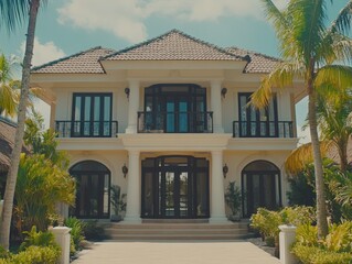 Fototapeta premium Luxurious Two Story House Exterior with Tiled Roof Balconies and Lush Landscaping