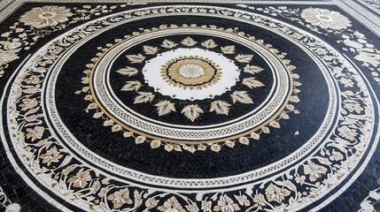 Obraz premium Elegant Black and White Mosaic Floor with Floral Patterns Design