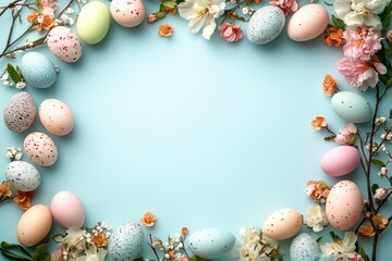 Easter Eggs and Spring Flowers in Nest for Happy Easter Celebration