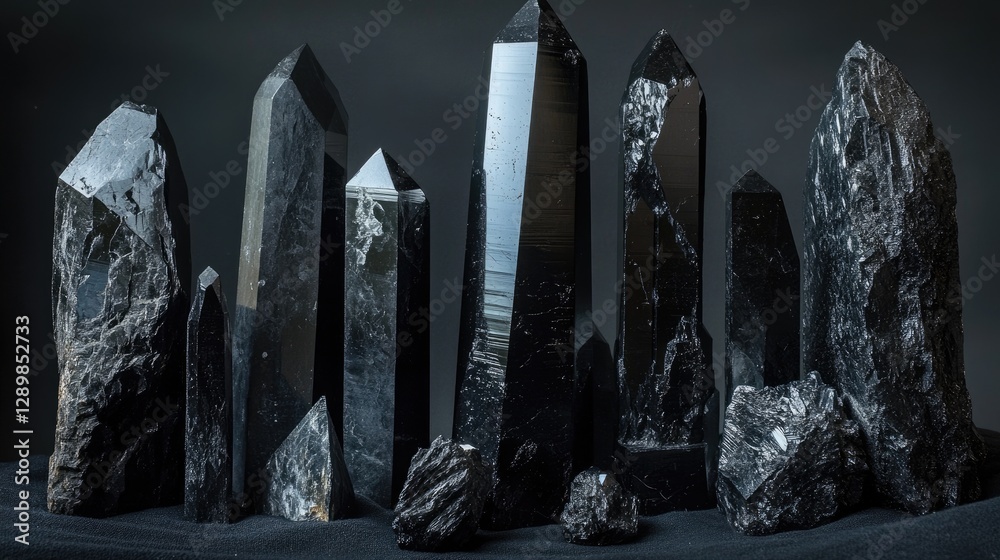 Poster a series of black obsidian crystals with varying textures and forms, isolated on a dark backdrop, ca