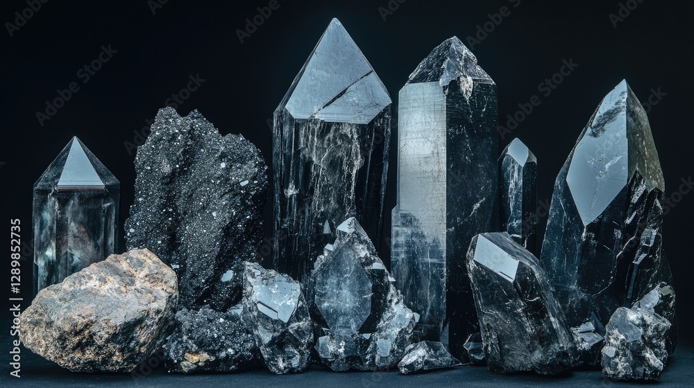 Poster a series of black obsidian crystals with varying textures and forms, isolated on a dark backdrop, ca