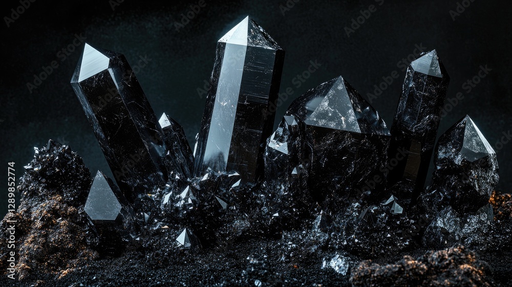 Poster a series of black obsidian crystals with varying textures and forms, isolated on a dark backdrop, ca