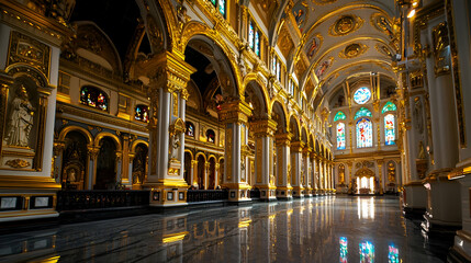 Grand Cathedral Interior with Gold Accents and Stained Glass