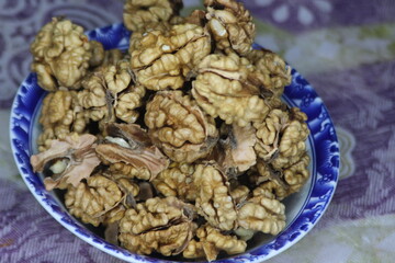 Extreme close-up of peeled walnuts
