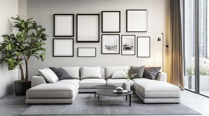 Fototapeta premium A sleek, contemporary living room with a photo frame gallery wall arranged in various sizes and orientations for a dynamic, modern look.