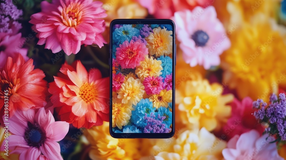 Poster A smartphone screen displaying a rotating carousel of colorful flowers, with vibrant blooms in motion and vivid hues.