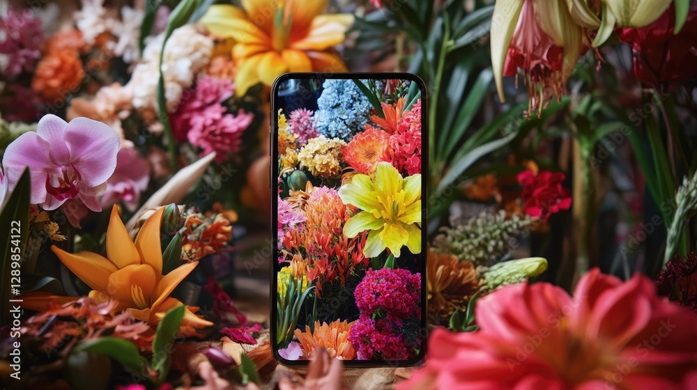 Poster a smartphone showcasing a carousel of colorful flowers in motion, with various blooms swirling and b