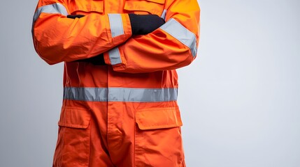 A person wearing bright orange safety clothing with arms crossed