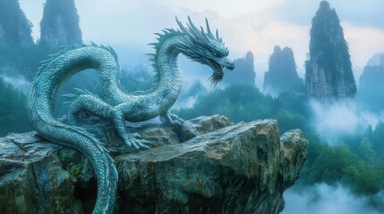 Naklejka premium A Majestic Dragon Perched atop a Misty Mountain Landscape