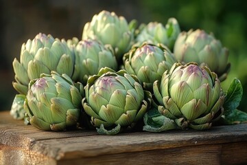 Fototapeta premium Artfully Arranged Artichokes on Rustic Wooden Table with Soft Natural Lighting