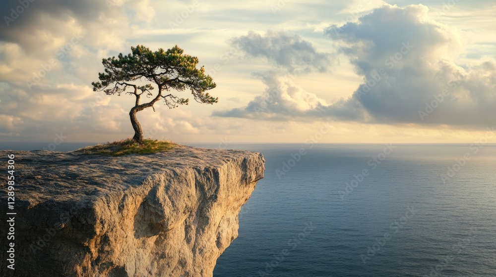 Poster a solitary tree clings to a cliff's edge, reaching towards the horizon, symbolizing perseverance and