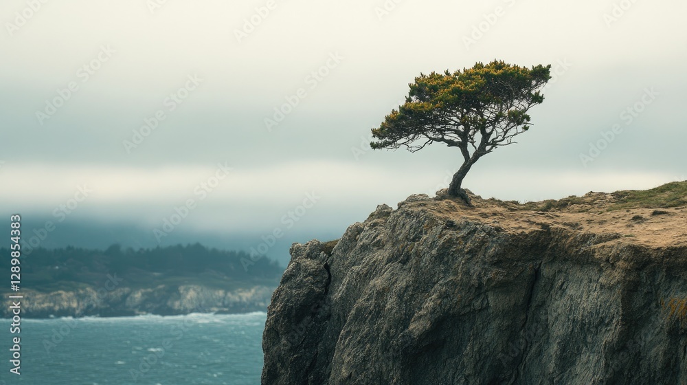 Poster a solitary tree clings to a cliff's edge, reaching towards the horizon, symbolizing perseverance and